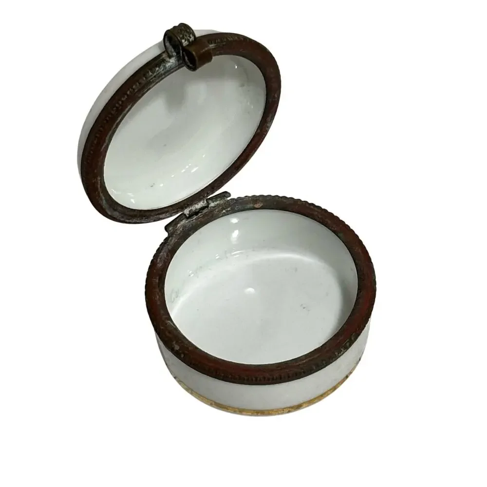 Vintage Porcelain trinket pill box round container hinged lid Victorian Couple